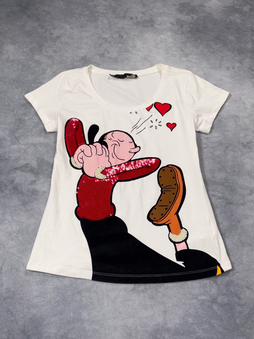 Love Moschino Popeye Olive Oyl Y2K Sequin Hear Cartoon Graphic White T Shirt - Picture 4 of 10